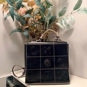 Lyn Black Leather Top-Handle Tote Bag with Tic-Tac-Toe Embossing